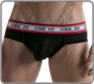 Model in breathable mesh fabric, with two small bands of contrasting color on a...