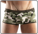 Low waist cut swim shorty made of high-end fabric. Camouflage print in military...